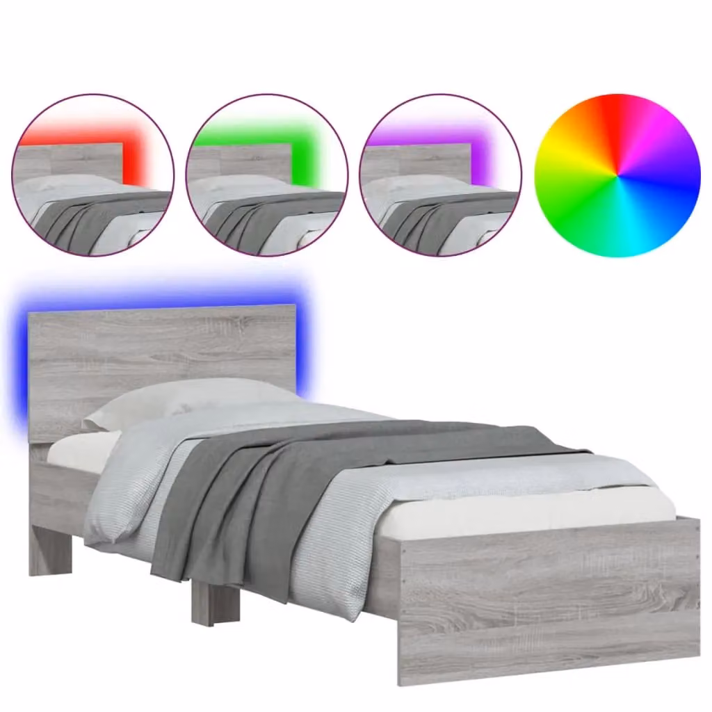 Berkfield Home Single Bed Frame in Grey Sonoma with LED Under-Bed Lighting and USB Charging Port, W/D/H: 90 x 190 cm – 2