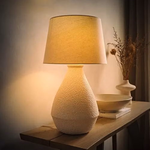 ValueLights Helena Hand Finished Cream Speckled Ceramic Table Lamp with Fabric Taper Shade – 2