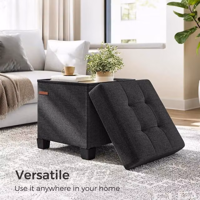 The Bazaarist Small Ottoman Footrest with Storage, Black Foldable Cube Seat for Bedroom or Living Room