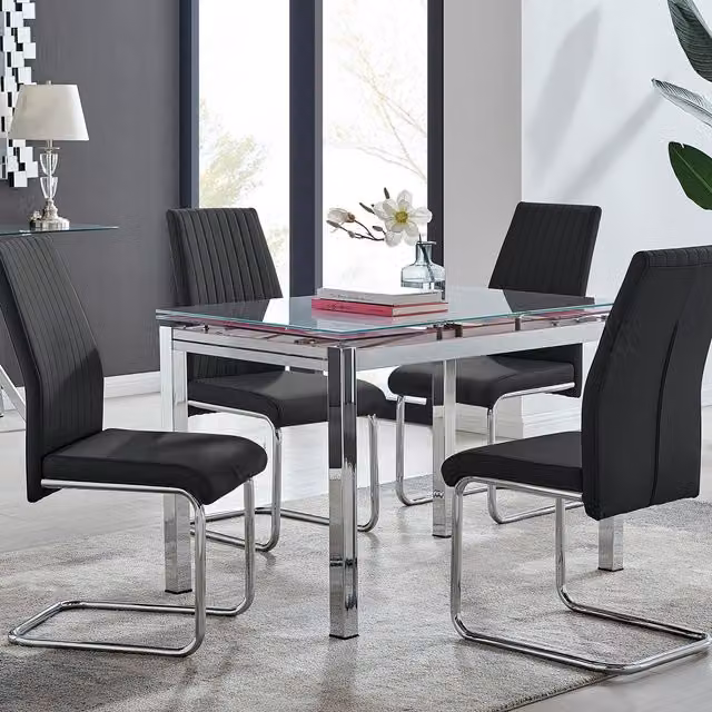 FurnitureboxUK Enna White Glass Extending 4-6 Seater Dining Table and 4 Lorenzo Black Faux Leather Chairs