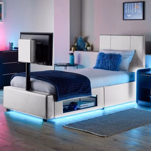 X Rocker AVA Upholstered TV Bed with Underbed Storage and LED Lights in White, W/D/H: 200 x 90 x 108 cm