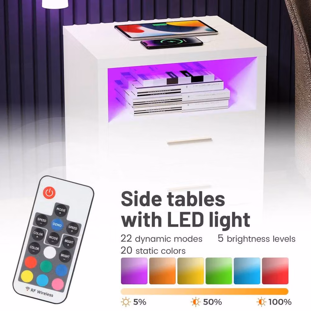FLAVORA White Modern High Gloss 3 Drawer Bedside Cabinet with Integrated LED Lighting – 6