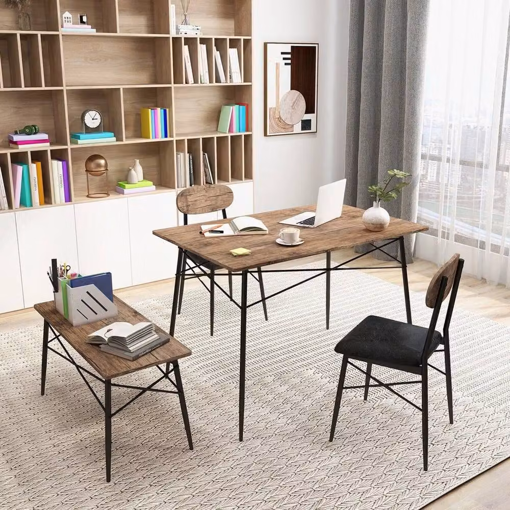 VOGREX 4-Piece Rectangular Industrial Dining Set in Brown and Sand, W/D/H: 110 x 70 x 76 cm – 4