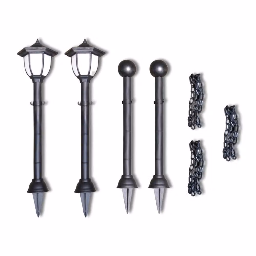 Berkfield Home Durable Black Chain Garden Fence with Two Solar LED Lamps and Two Poles – 3