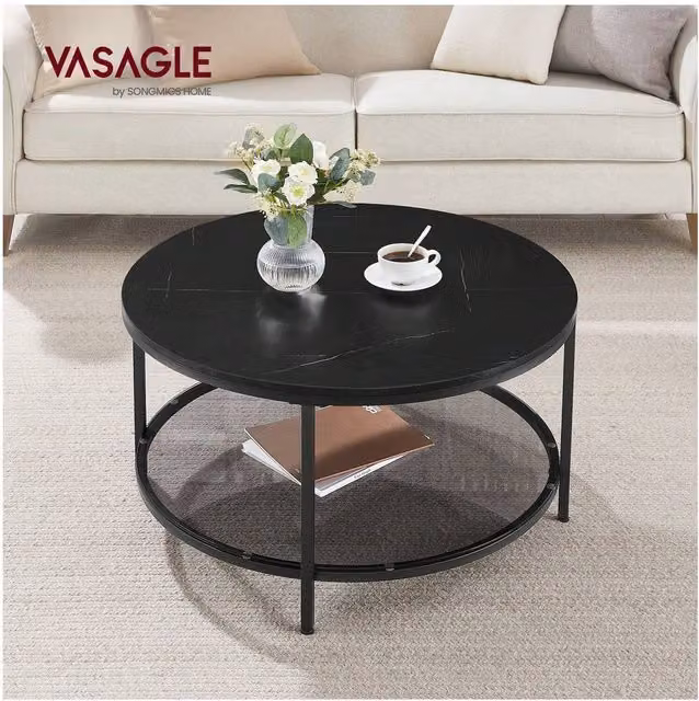 VASAGLE Modern Round Coffee Table with Glass Shelf and Metal Frame in Black
