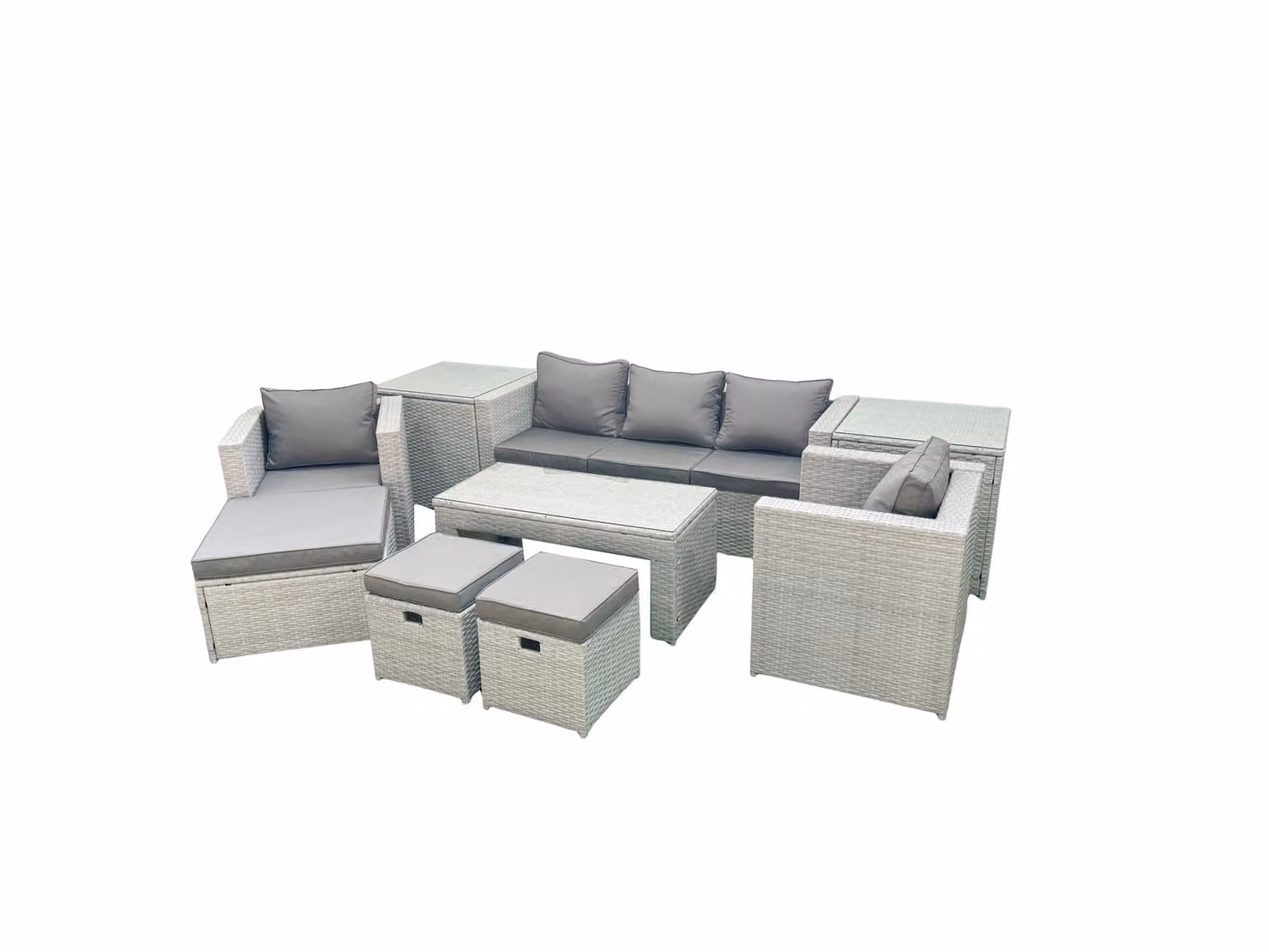 Fimous 8 Seater Rattan Garden Furniture Set in Light Grey with Upholstered Cushions, 2 Seater Sofa, Armchairs, Ottomans and Coffee Table – 2