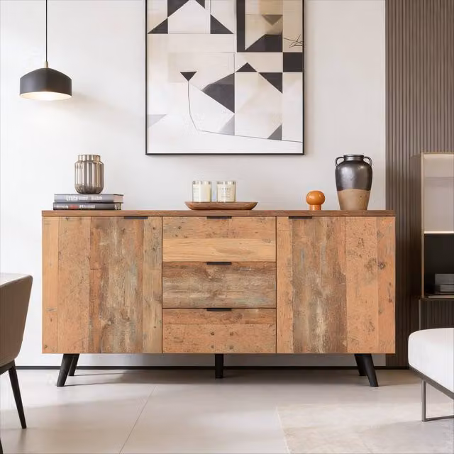BTM Vintage Brown Wood Cabinet Sideboard with 3 Drawers and Adjustable Shelves, W/D/H: 70.0 x 35.0 x 42.3 cm – 1