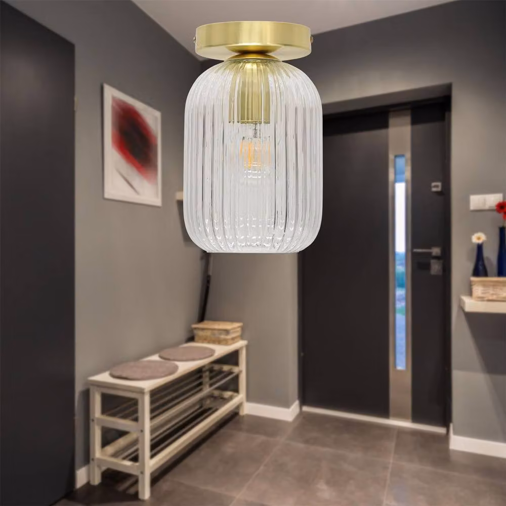 First Choice Lighting Batley Clear Ribbed Glass Ceiling Light Fitting in Gold/Brass – 2