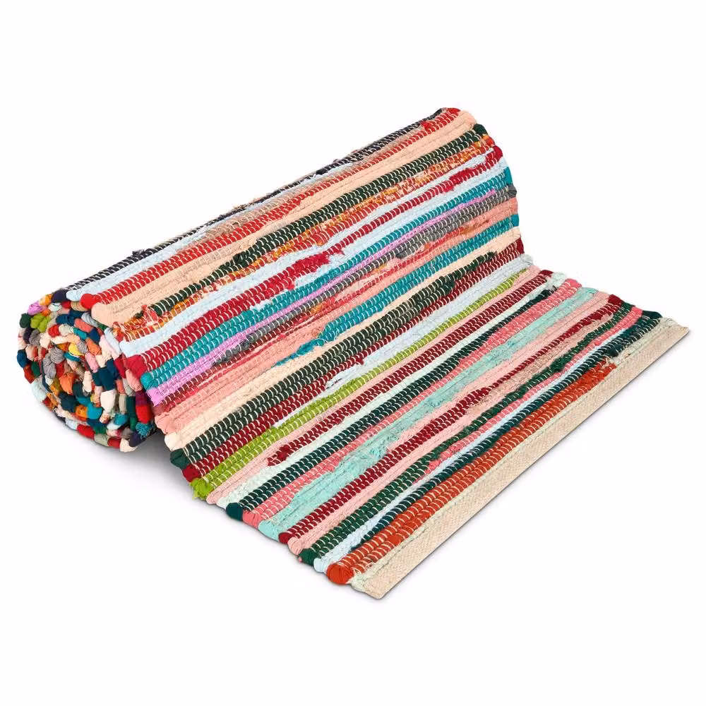 Bravich LTD Handwoven Cotton Chindi Rag Area Rug, Multicolour Striped Flat Weave Reversible, W: 60 cm, L: 230 cm – 2