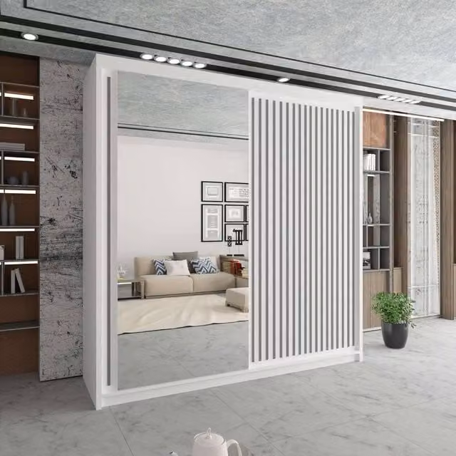 Sliding Wardrobes 4U Sleek White Mirror Sliding Wardrobe with LED Lighting, W203cm x H217cm