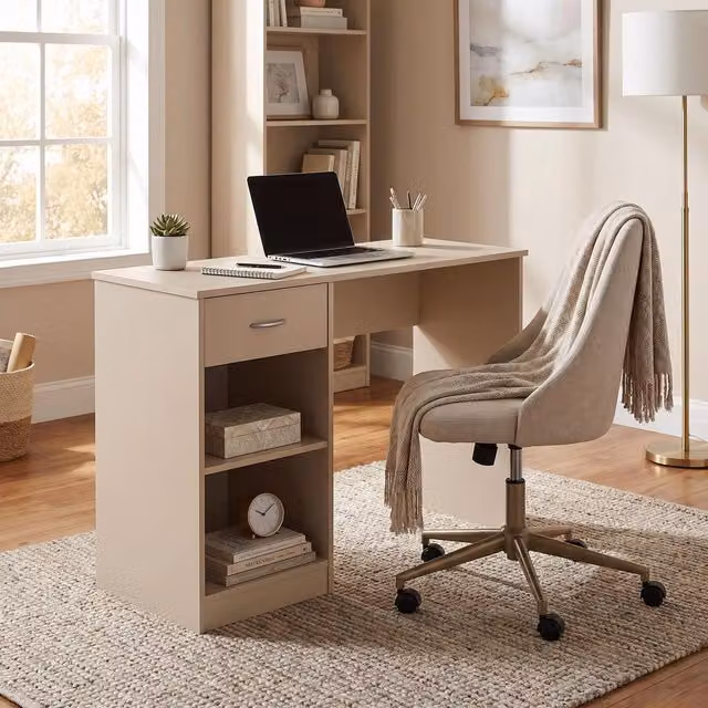 FWStyle Matt Putty Dressing Table and Home Office Desk with 1 Drawer and 2 Shelves