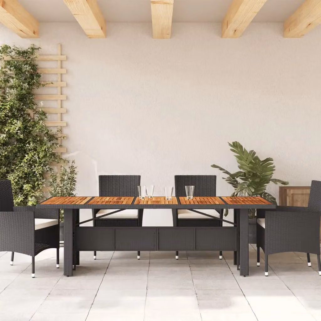 Berkfield Home Garden Table with Black Poly Rattan and Acacia Wood Top, W/D/H: 240 x 90 x 75 cm – 3
