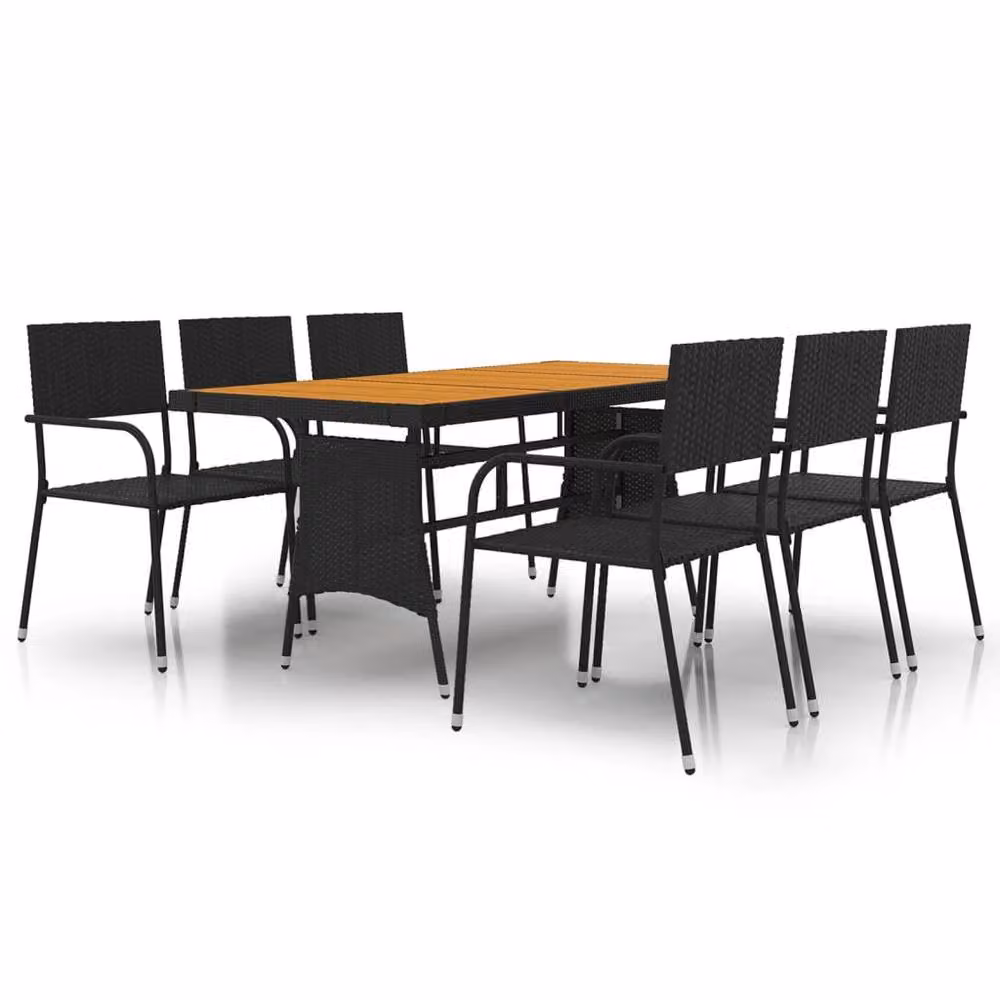 Berkfield Home 7 Piece Black Poly Rattan Outdoor Dining Set with Acacia Wood Table – 2