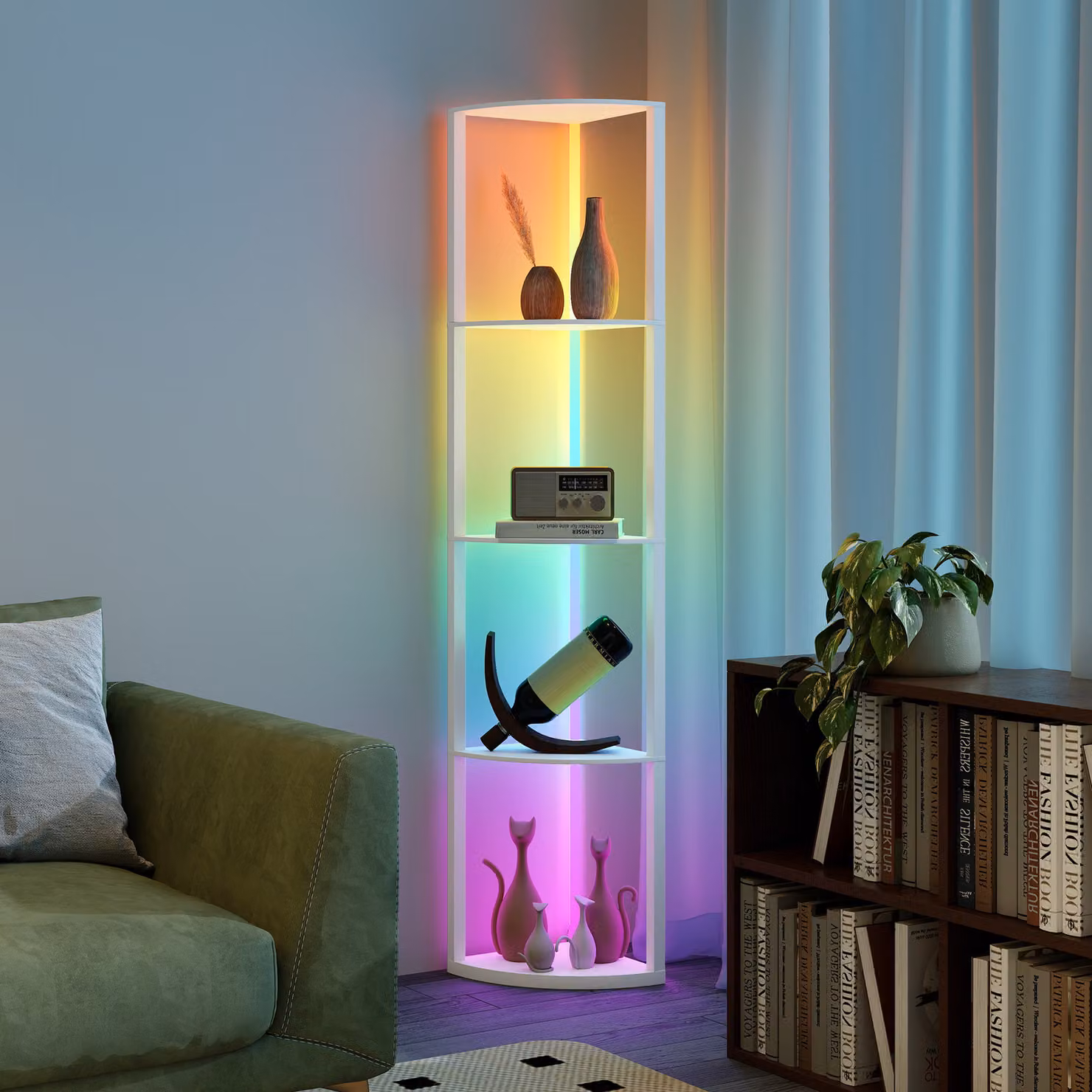 HOMCOM RGB LED Floor Lamp with 5-Tier Shelving, Dimmable Standing Lamp with Remote Control and Adjustable Brightness, Modern White Corner Display Unit for Living Room, Bedroom or Office – 6