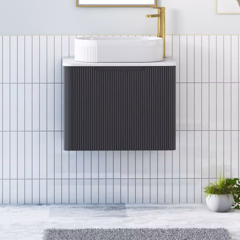 Royal Bathrooms Avenza Wall Hung Vanity Unit with Lyon Basin, Matt Obsidian Black and Plain White Worktop, Width: 60 cm