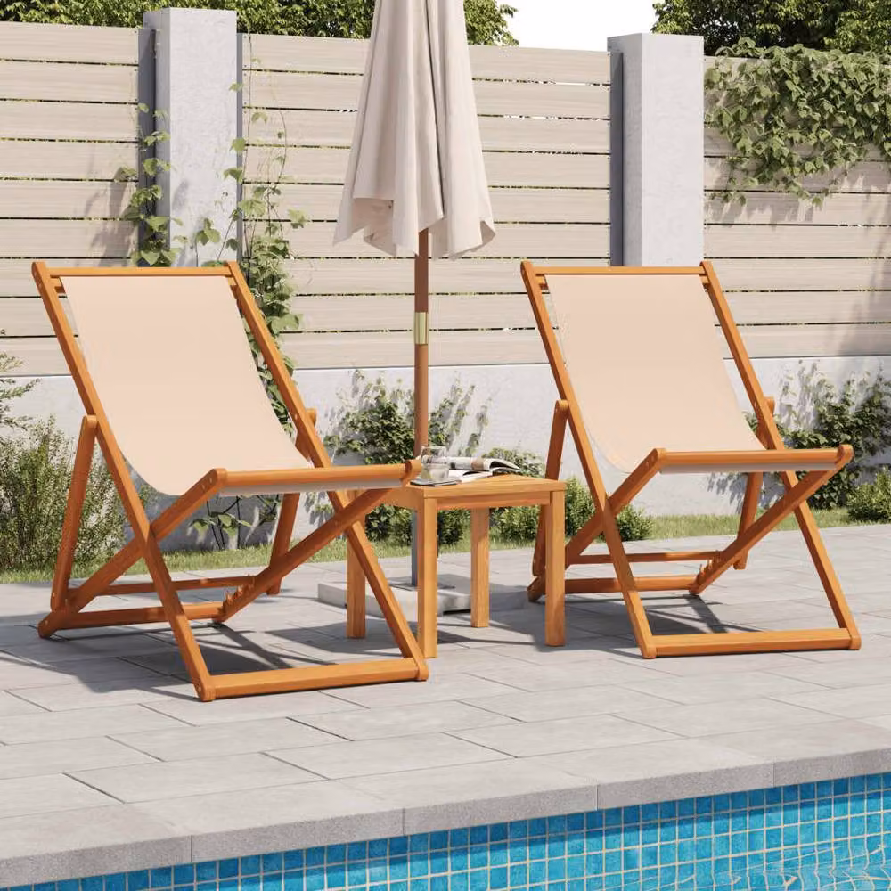 Berkfield Home Set of 2 Folding Beach Chairs in Beige Fabric and Treated Hardwood – 2