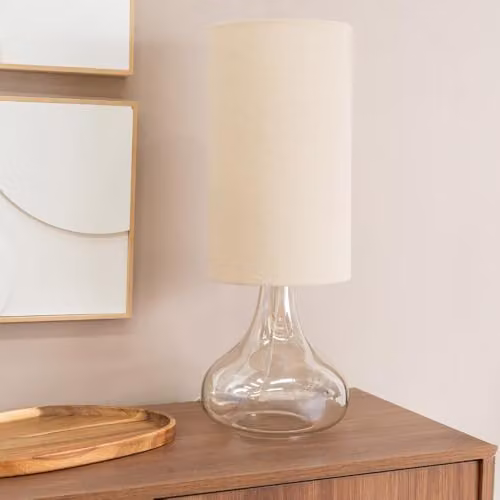 ValueLights Sylvie Teardrop Table Lamp with Amber Glass Base and Natural Linen Shade in Beige – 2