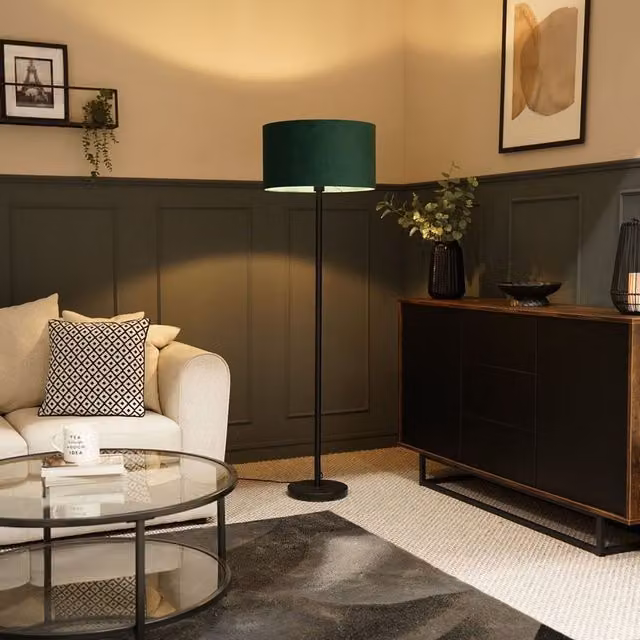 ValueLights Charlie Black Stem Floor Lamp with Green Velvet Cylinder Shade – 2