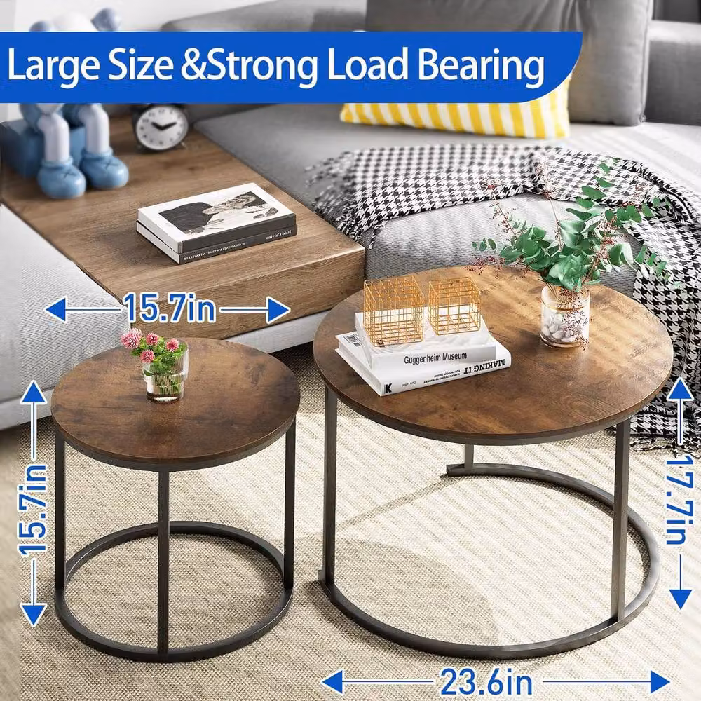 Huhote Set of 2 Round Nesting Side Tables with Brown Metal Frame – 3