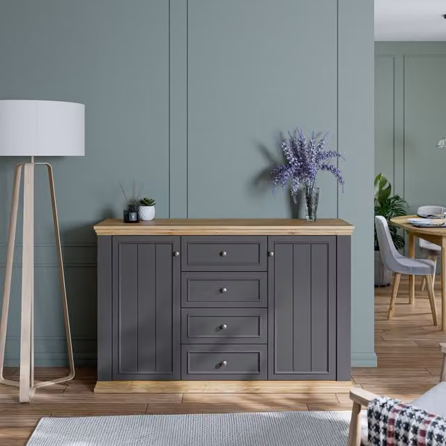 Furniture To Go Pontypool 4 Drawer and 2 Door Sideboard in Grey and Mauvella Oak