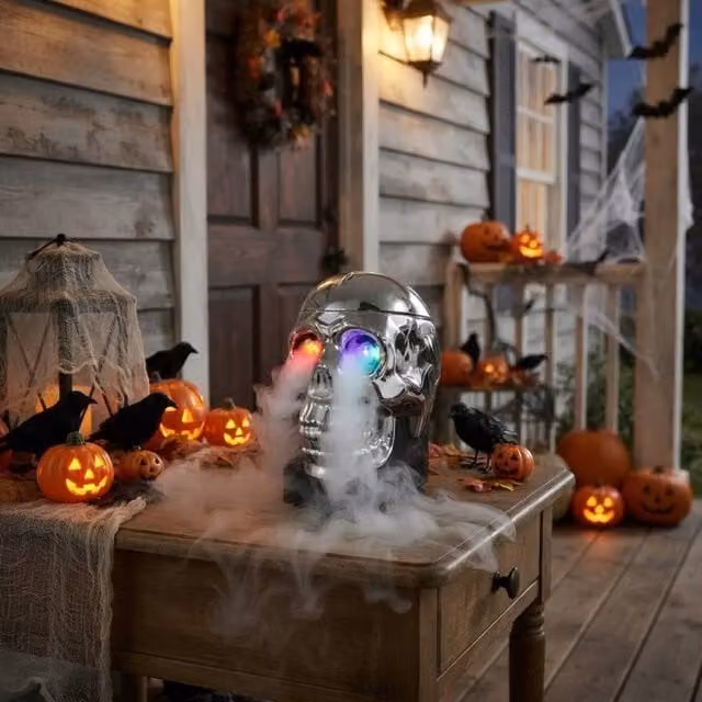 Garden Greatness Eerie Silver Skull Fog Machine Halloween Tabletop Decoration – 1