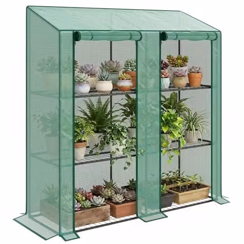 Outsunny Lean-to Mini Greenhouse with 3 Tier Shelves, Green, W: 143 cm, D: 46 cm, H: 151 cm – 1