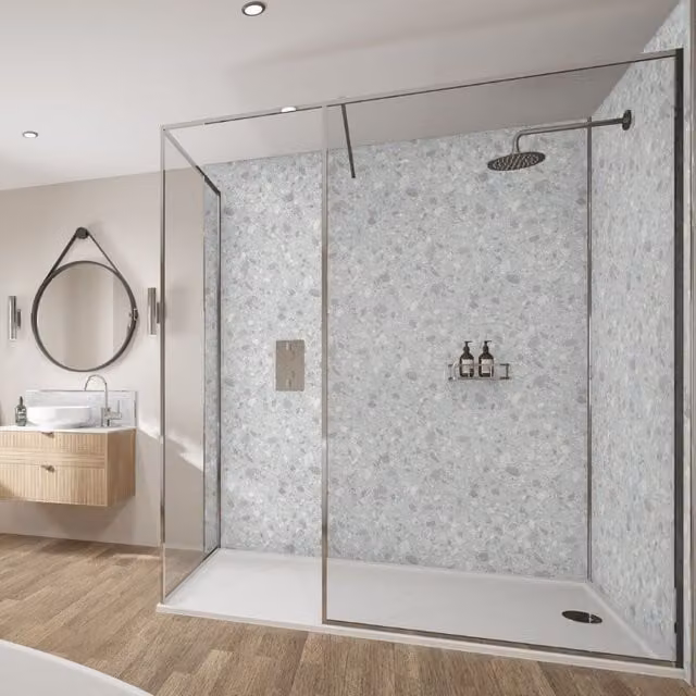 Wetwall Linate Terrazzo Laminate Wall Panel, Grey, W: 121.0 cm, H: 242.0 cm, D: 1.1 cm