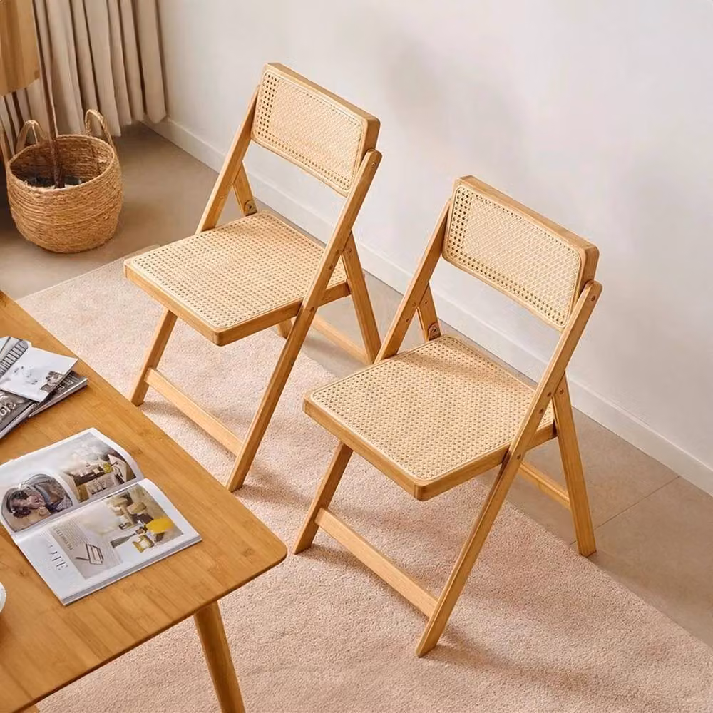 KORVIXA Set of 2 Vintage Bamboo Folding Dining Chairs and Collapsible Stools in Sand – 2