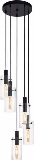 Loops Black 5-Bulb Pendant Ceiling Light with Transparent Glass Shades and E27 Sockets