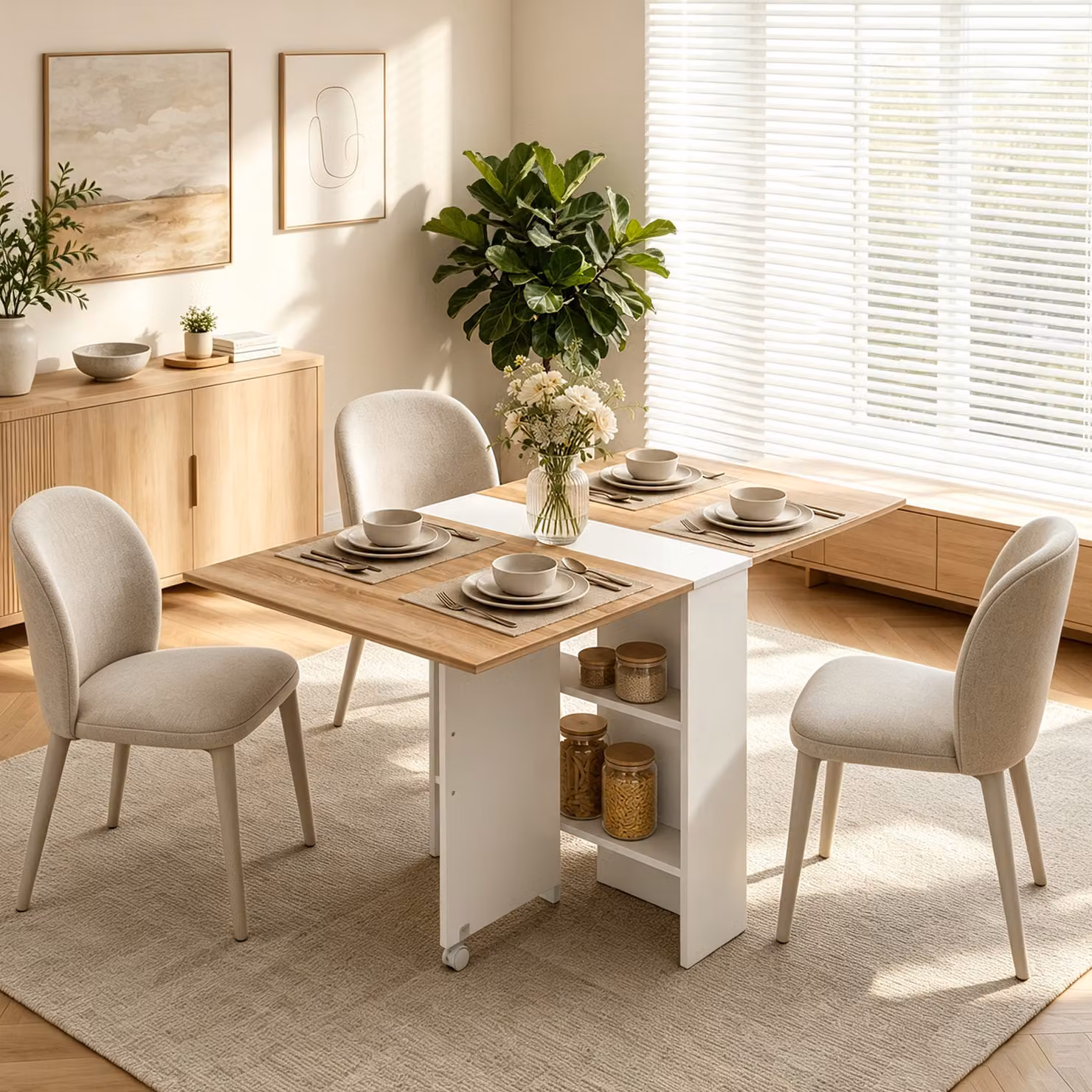HOMCOM White and Natural Folding Dining Table with Drop Leaf, 2-Tier Shelves and Rolling Casters – 2