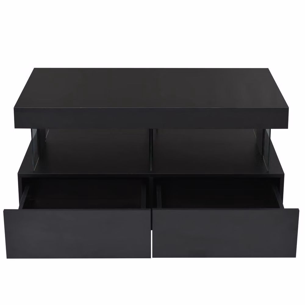 Merax High Gloss LED Coffee Table with 2 Drawers and Open Shelf in Black – 6