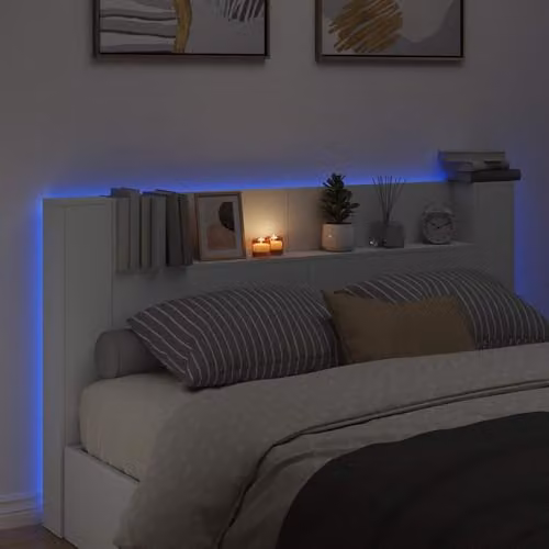 vidaXL Modern White Engineered Wood Wall-Mounted Headboard Cabinet with Integrated LED Lighting and Bedside Shelves W/D/H: 180 x 22.79 x 103.5 cm – 2