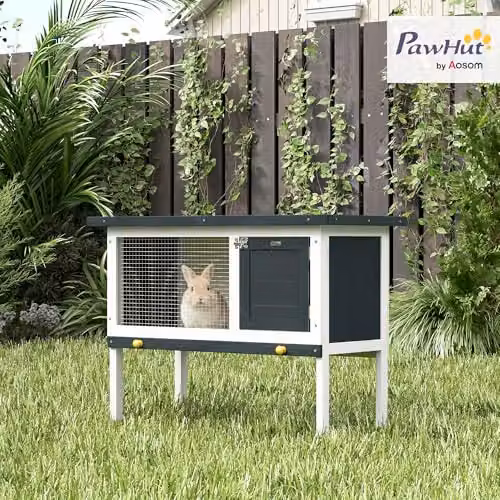 PawHut Grey Wooden Rabbit Hutch with Openable Asphalt Roof – 2