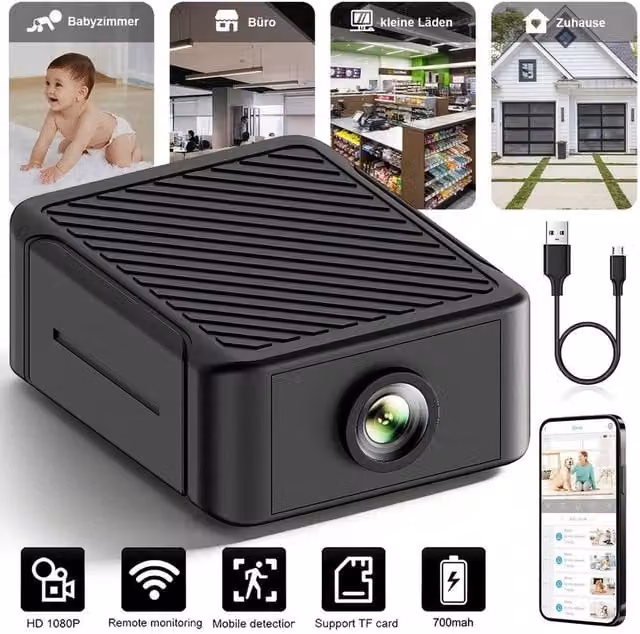 NESTLUNE Portable 1080P HD Wireless Mini WiFi Remote Camera in Black