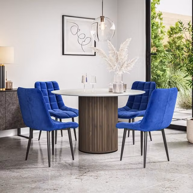 Arlo Modern Round Dining Table and 4 Chairs Set in Blue and Black with Upholstered Frames