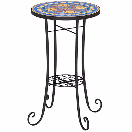 Outsunny Blue Mosaic Garden Bistro Table with Shelf, Round Ceramic Top – 1