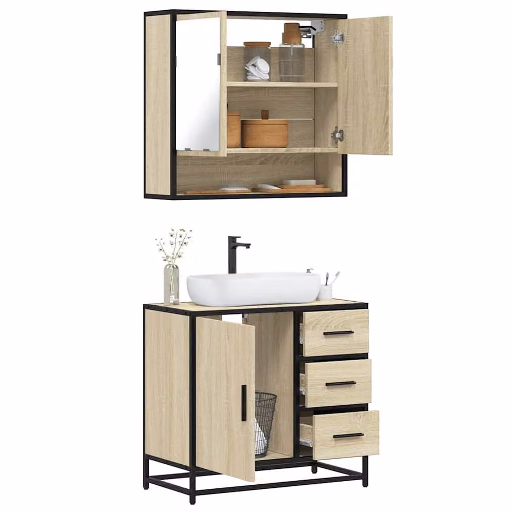Berkfield Home 2 Piece Bathroom Furniture Set in Sonoma Oak and Tan, featuring a Mirror Cabinet and Vanity Unit – 2