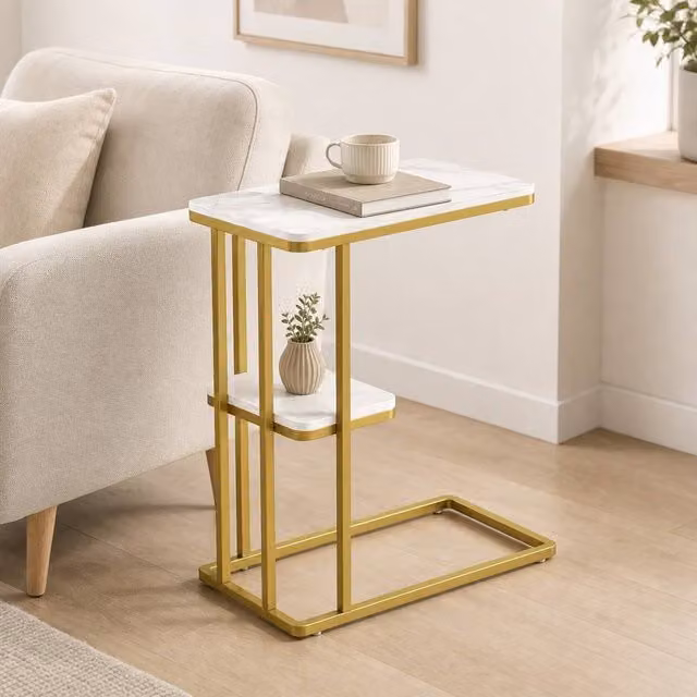 STILVORA 2-Tier Side Table with White Marble Effect and Gold Accents