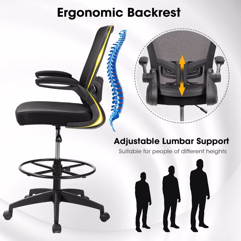 Gymax Ergonomic Black Mesh Drafting Chair with Flip-up Armrests and Swivel Base – 6
