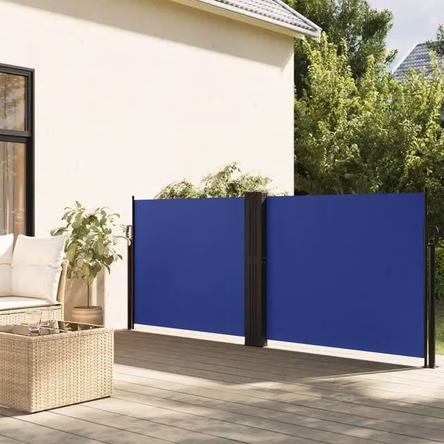 Berkfield Home Blue Retractable Side Awning with Manual Pull Polyester Fabric W/D/H: 100 x 1000 x 100 cm – 1