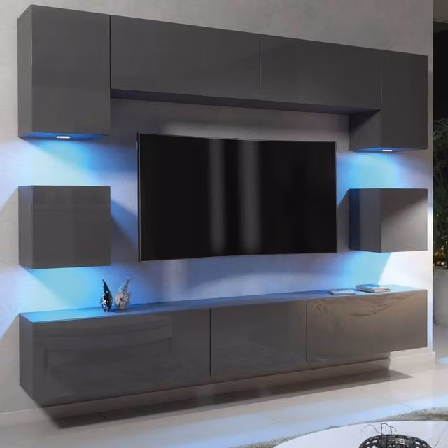 Mex Furniture LTD Panorama Wall Mounted TV Unit in Grey with Glossy Hinged Doors and Integrated Lighting (W/D/H: 242 x 35 x 45 cm)