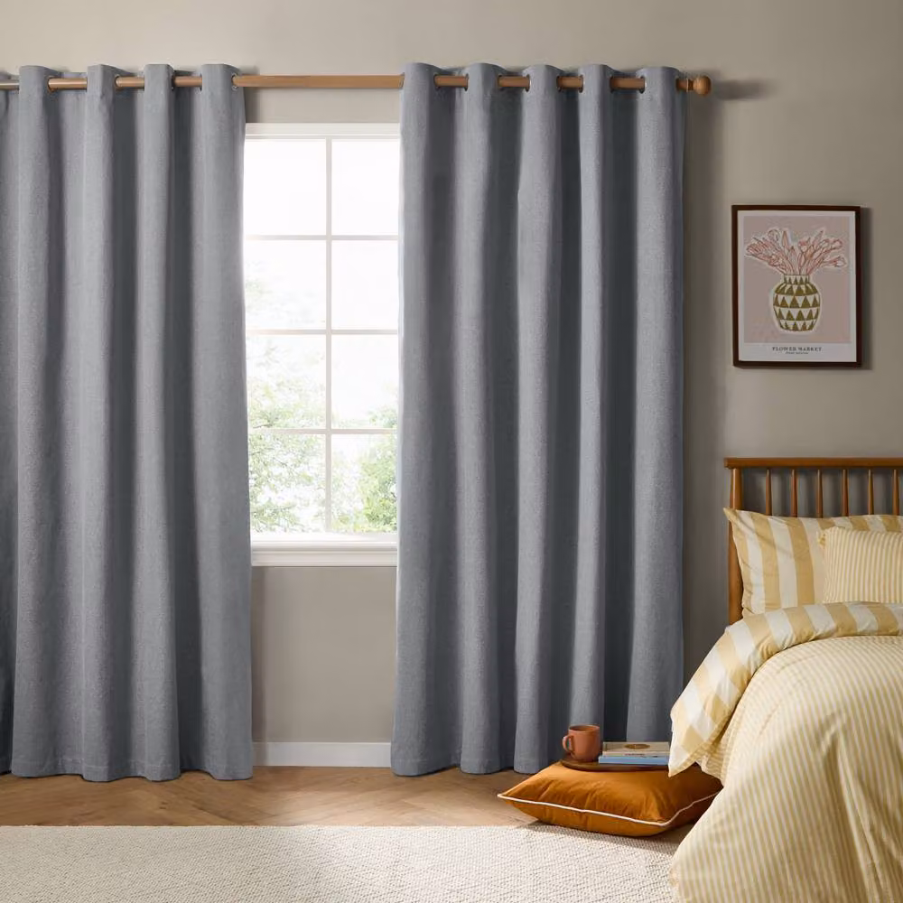 Furn Blackout Textured Woven Eyelet Curtain Pair in Pale Blue, Width: 117 cm, Drop: 137 cm – 1