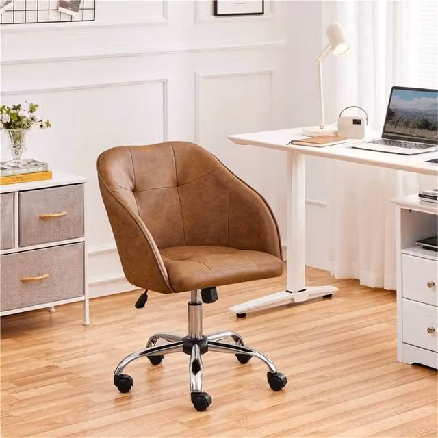 Kelvenix Retro Brown Synthetic Leather Swivel Task Chair for Home Office and Makeup Vanity – 1