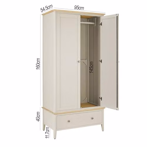 Statement Furniture Pembroke Double Wardrobe with Oak Top and Bottom Drawer in Grey or Beige, H 200 cm x W 95 cm x D 54.5 cm – 2