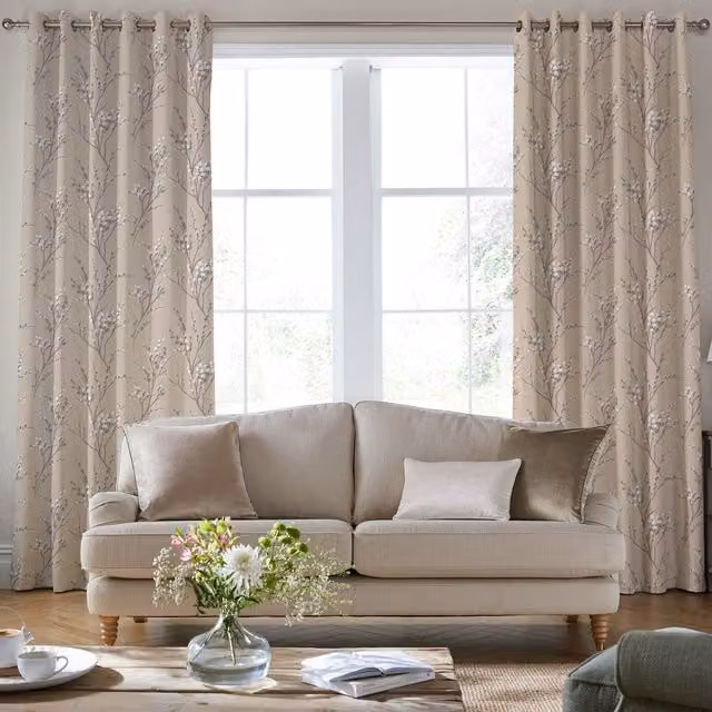 Laura Ashley Pussy Willow Made To Measure Blackout Eyelet Curtains in Beige and Sand Floral Fabric
