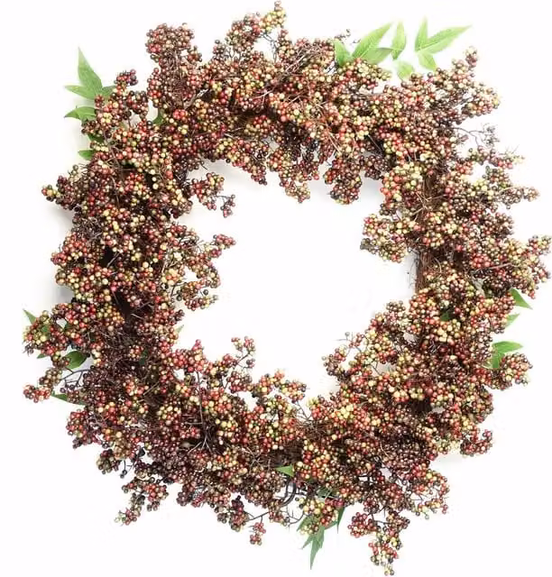 Leaf Artificial Hanging Round Wreath with Berries in Black, Red and Multicolour