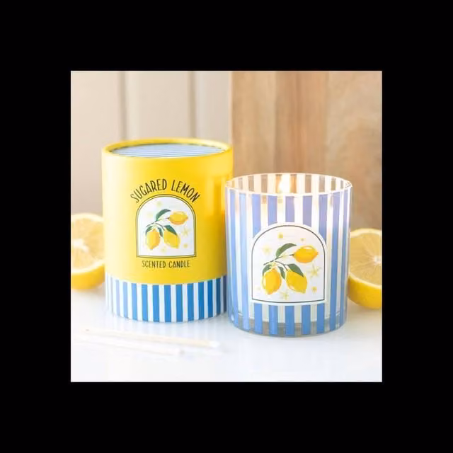 KDMD Sugared Lemon Scented Candle in a Blue Striped Glass Jar, 28 g