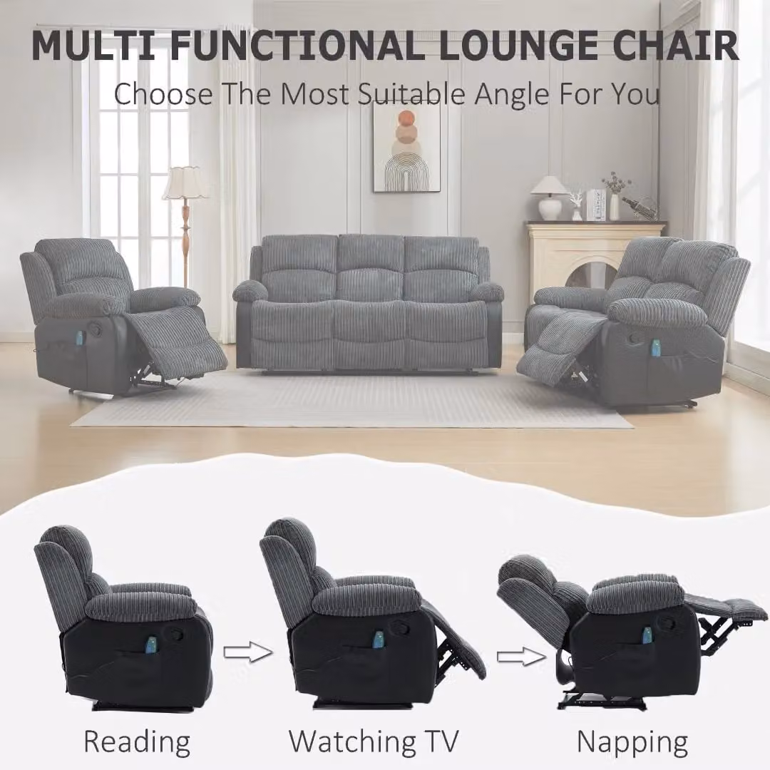 FURNITURE ONE Grey Corduroy Fabric Electric Massage Sofa Set with 2 Seater and Armchair – 4