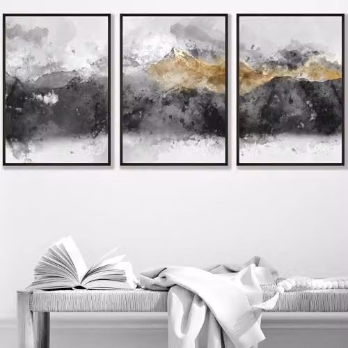 ARTZE Set of 3 Abstract Grey and Yellow Mountain Landscape Paper Posters, W: 29.7 cm, H: 42 cm