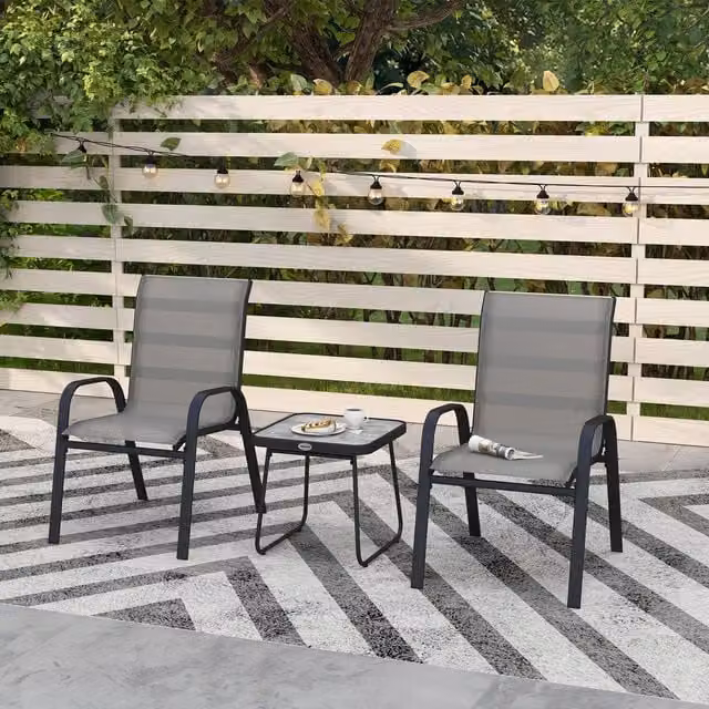 Outsunny Modern Outdoor Bistro Set in Light Grey with Breathable Mesh Fabric and Metal Frame